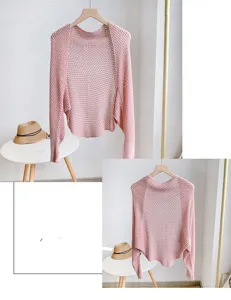 Pink hollow knit shrug detail view, lightweight summer cardigan for air conditioned office.