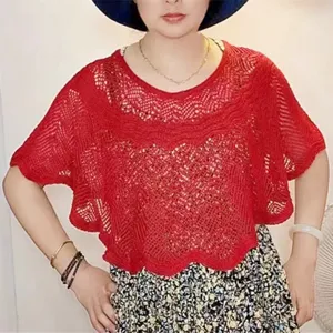 Red hollow knitted women cape summer sun protection short shawl breathable pullover cover up
