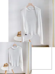 White ice silk knitted hollow short shawl detail showing lightweight honeycomb texture.