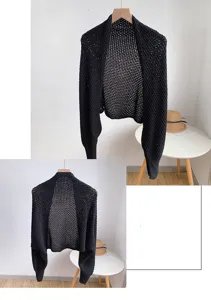 Black knitted hollow ice silk bolero shrug, summer air-conditioned room sun protection shawl.
