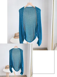 Details of the blue knitted hollow-out honeycomb shawl, perfect breathable summer arm cover.