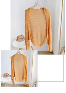 Yellow honeycomb knit hollow shawl detail view, ice silk material for summer air-conditioned room.