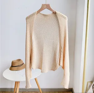 Lightweight hollow-out knit cardigan shawl, summer ice silk air-conditioning room outer wear.