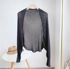 Detailed view of the ice silk knitted hollow shrug, breathable mesh summer arm cover shawl.