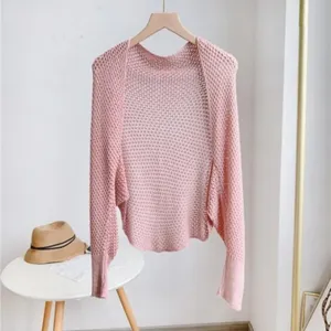 Pink ice silk knitted hollow shrug cardigan detail view, summer air-conditioned room outerwear