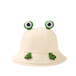 Cute cartoon frog bucket hat for women, Japanese style cotton sun protection fisherman cap.