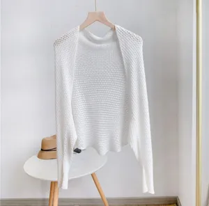 White knit hollow out shawl cardigan summer lightweight sun protection outerwear detail view