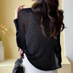 Womens summer ice silk hollow knit shawl cardigan breathable casual anti-UV office outerwear