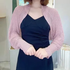 Pink ice silk knitted shrug cardigan for women, hollow out summer sun protection bolero.