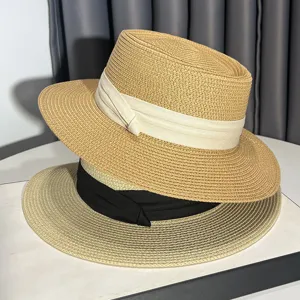 Cappello di Paglia Estivo da Donna Stile Retro Britannico Top Piatto Cappello da Sole Vacanza al Mare Cappello Tessuto Con Nastro