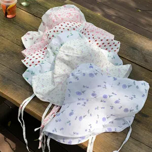 Cute strawberry floral bucket hat for women, wide brim summer sun hat with chin strap.