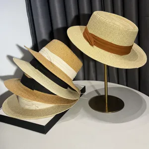 Donna estate vintage cappello di paglia piatto spiaggia protezione solare traspirante cappello