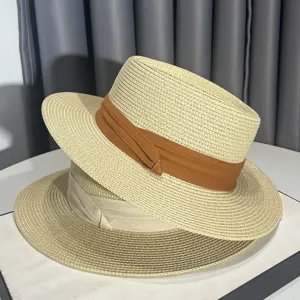 Cappello di paglia donna vintage stile britannico elegante fedora spiaggia cappello sole.