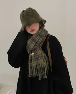 Winter green plaid scarf and bucket hat set for women, cozy warm vintage Korean style wrap.