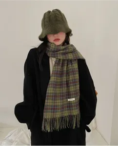 Green Plaid Winter Scarf for Women Cozy Tassel Scarf Korean Style Fashion Warm Neckerchief