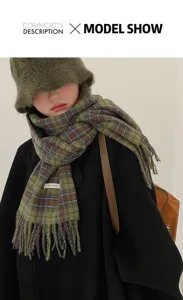 Cozy green plaid winter scarf for women, stylish Korean style tassel scarf for winter.