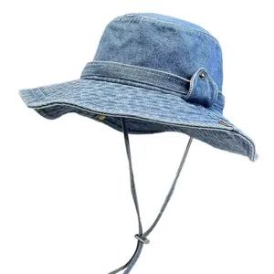 Classic washed denim bucket hat with chin strap, vintage wide brim sun hat for outdoor.