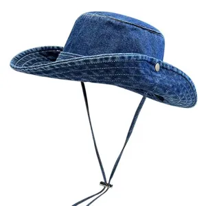 Retro washed denim bucket hat for men and women, outdoor sun protection hiking cowboy hat.