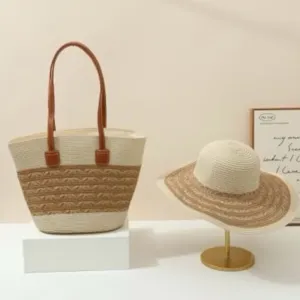 Woven straw tote bag and sun hat set, large capacity beach bag with wide brim hat.