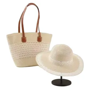 Conjunto de bolso de paja y sombrero de sol de ala ancha, bolso tote de verano casual.