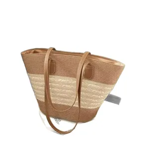Large capacity straw tote bag for women, stylish contrast color woven beach shoulder bag.