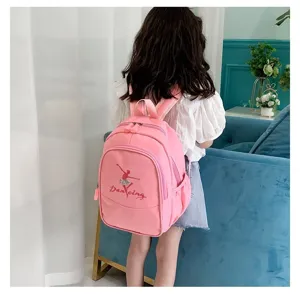 Pink cute school backpack for kids daily use with nice ballerina print design
