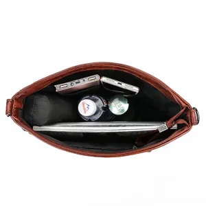 Brown soft leather tote handbag top view showing spacious interior and daily storage capacity.