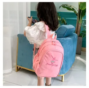 Detail shot of pink kids backpack with ballet dancer embroidery, worn by a child indoors.