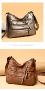 Women washed soft leather crossbody bag, multi-zipper large capacity shoulder bag for daily use.