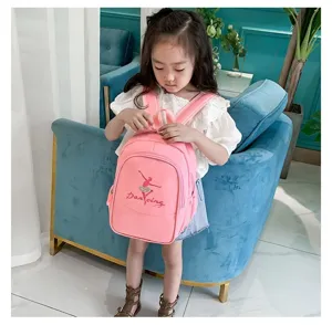 Kids pink backpack for little girls, cute dancer graphic school bag for kindergarten daily.