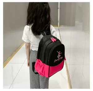 Detailed view of the cute pink and black children backpack with dancer print for school daily use.