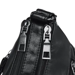 Black washed leather women shoulder bag casual double zipper crossbody daily handbag.