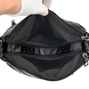 Black soft leather women shoulder bag dual zipper compartments large capacity main view