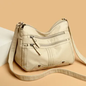 Womens Casual PU Leather Crossbody Bag Vintage Multi Zipper Shoulder Bag Small Square Bag Daily Commute Handbag