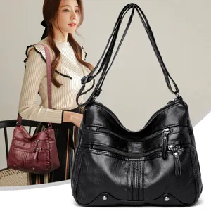 Women soft leather shoulder bag multi pocket casual crossbody bag stylish daily handbag