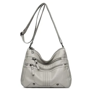 Women soft leather shoulder crossbody bag multi zipper casual commuter handbag grey