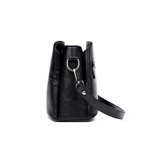 Schwarze Ledertasche für Damen, elegante lässige Umhängetasche mit Schultergurt.