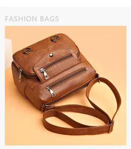 Brown vintage soft leather multi-pocket shoulder crossbody bag detailed product view.