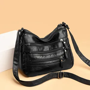 Washed soft leather crossbody bag for women, multi-pocket casual shoulder bag black style.