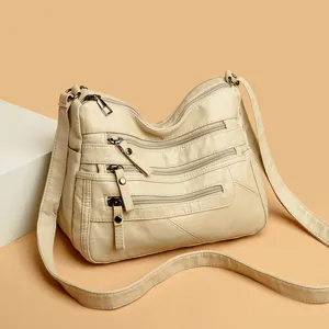Womens wash soft leather crossbody shoulder bag, multi zipper large capacity chic ladies purse.