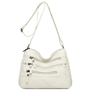 Women's white soft leather multi-zipper crossbody shoulder bag casual everyday handbag