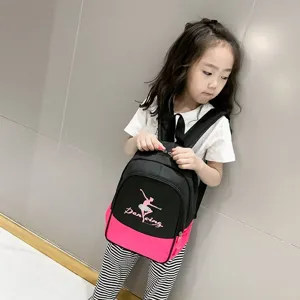 Kids ballet dance backpack for girls, black and pink school bag with cute dancer graphic.