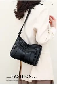 Women black shoulder bag vintage soft leather multi-pocket crossbody bag daily casual