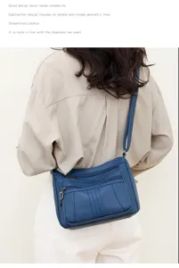Blue multi-pocket shoulder bag detail, soft leather texture, functional zippers and clean lines.