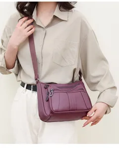 Women vintage soft leather crossbody bag, multi-pocket large capacity shoulder handbag.