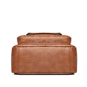 Brown soft leather vintage women backpack bottom detail view stylish large capacity bag.