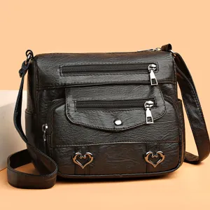 Women's Vintage PU Leather Crossbody Bag Casual Multi-Pocket Shoulder Bag Fashion Soft Leather Handbag With Heart Decor