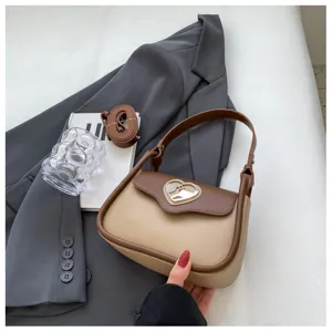 Borsa a tracolla vintage francese bicolore con serratura in metallo a cuore, elegante borsa