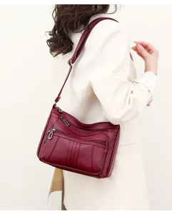 Vintage washed leather women shoulder bag with multi zippers, large capacity crossbody bag.
