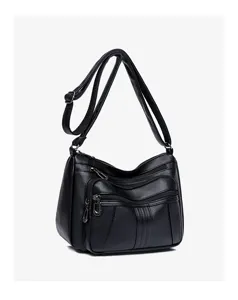 Fashion black PU leather shoulder bag for women, large capacity retro crossbody bag.